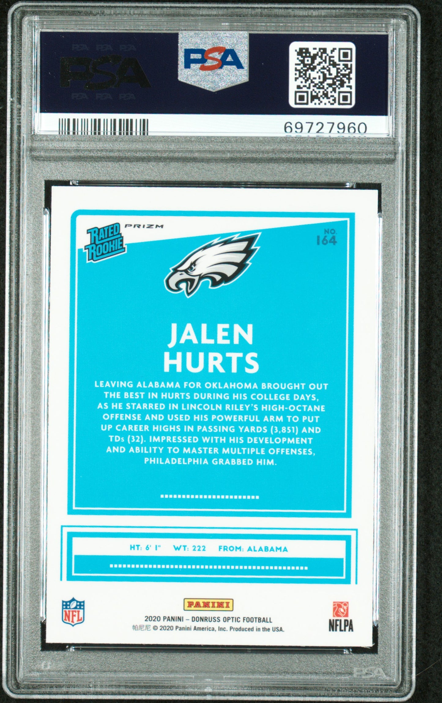 2020 Donruss Optic #RP-14 Jalen Hurts Blue Hyper PSA 9