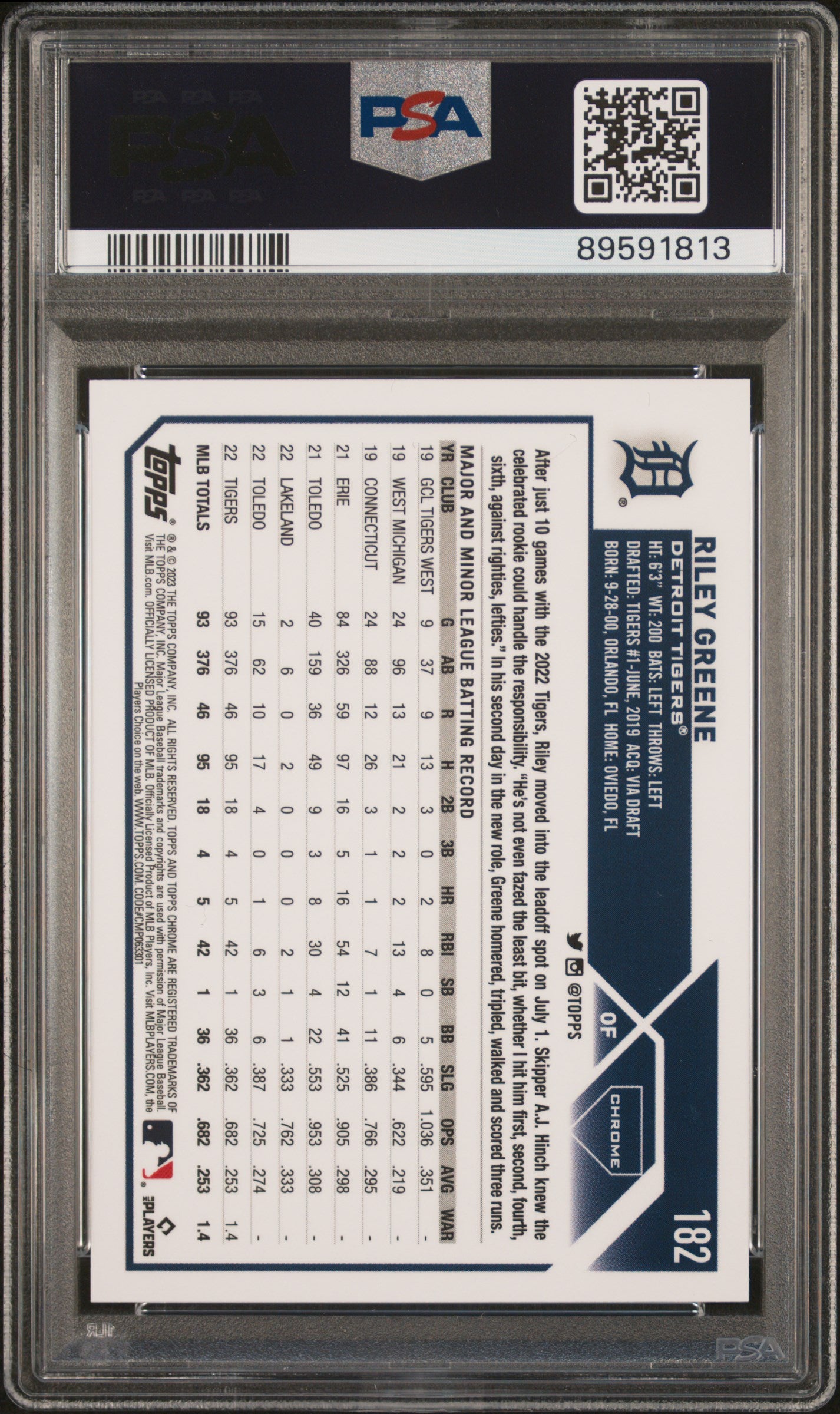 2023 Topps Chrome Logofractor Edition #182 Riley Greene Sp PSA 10