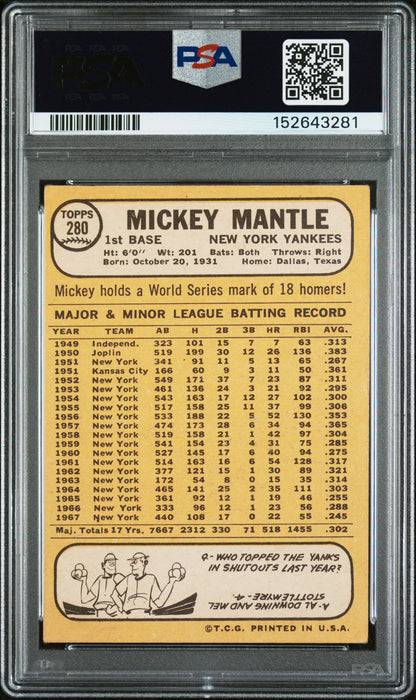1968 Topps #280 Mickey Mantle PSA 2