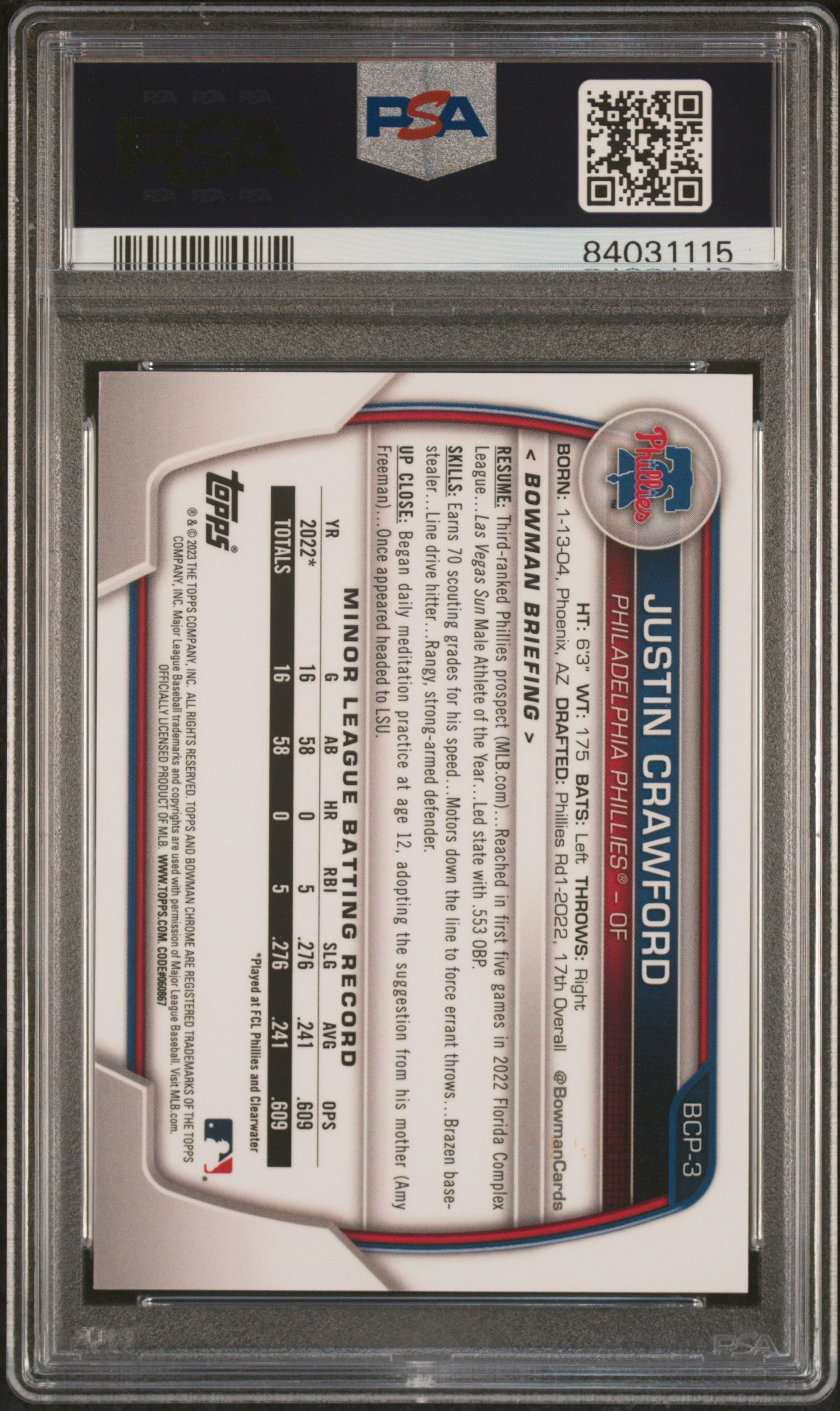 2023 Bowman Mega Box Chrome #3 Justin Crawford Chrome-Blue Refractor PSA 10
