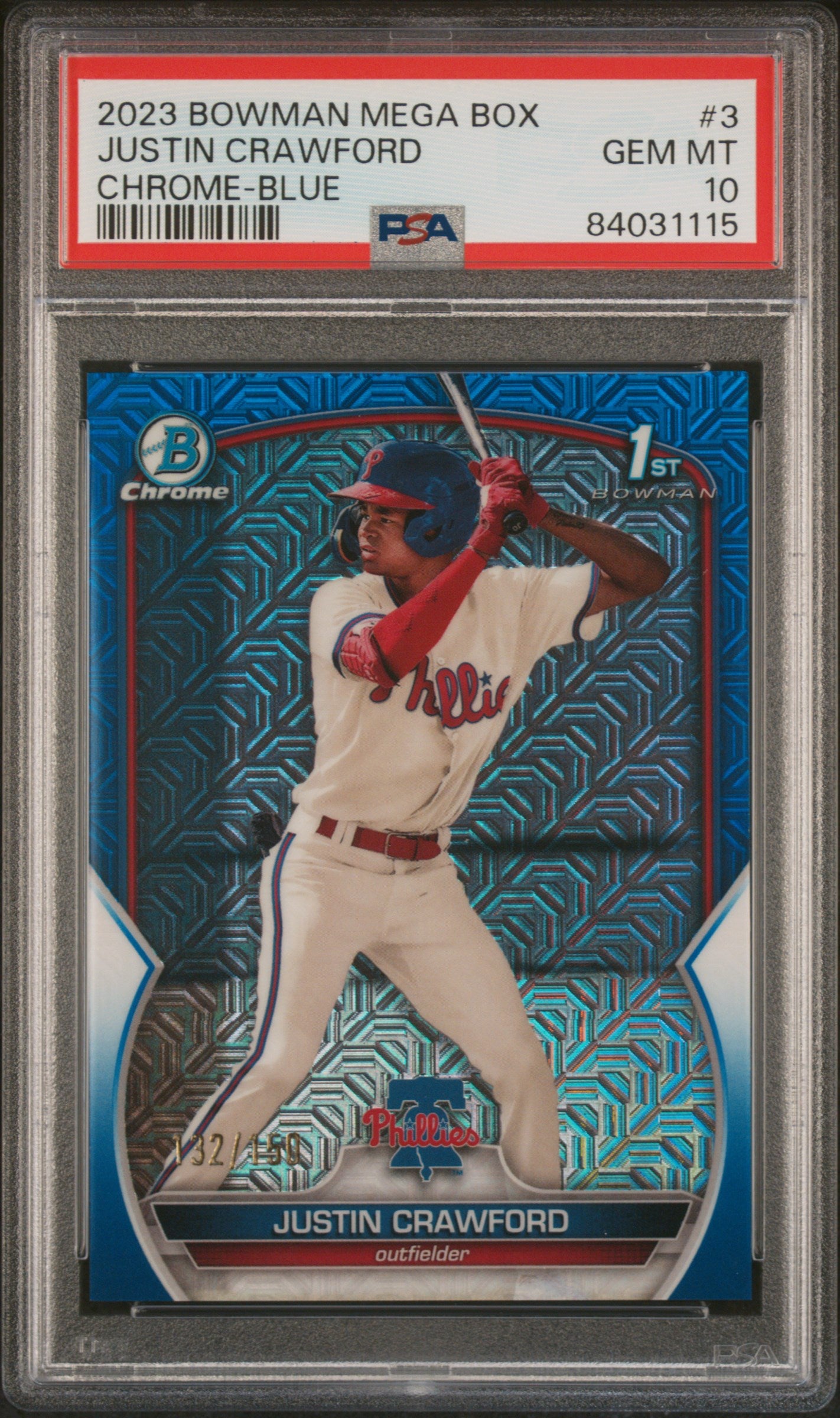 2023 Bowman Mega Box Chrome #3 Justin Crawford Chrome-Blue Refractor PSA 10
