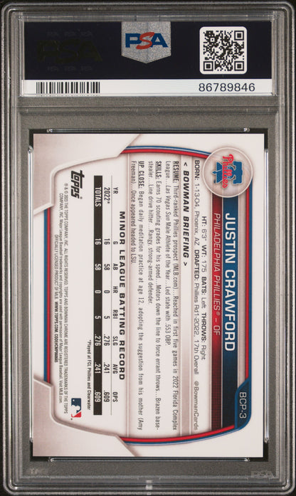 2023 Bowman Chrome Prospects #BCP3 Justin Crawford  Speckle Ref PSA 10