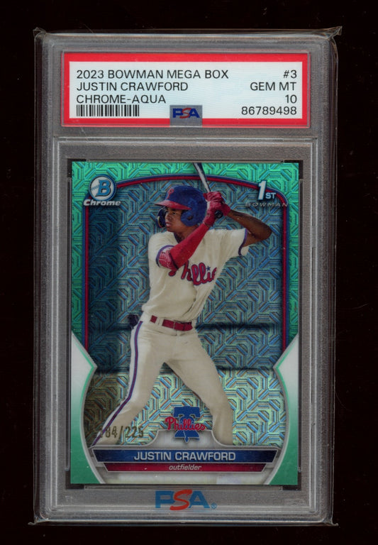 2023 Bowman Mega Box Chrome #3 Justin Crawford Chrome-Aqua Refractor PSA 10