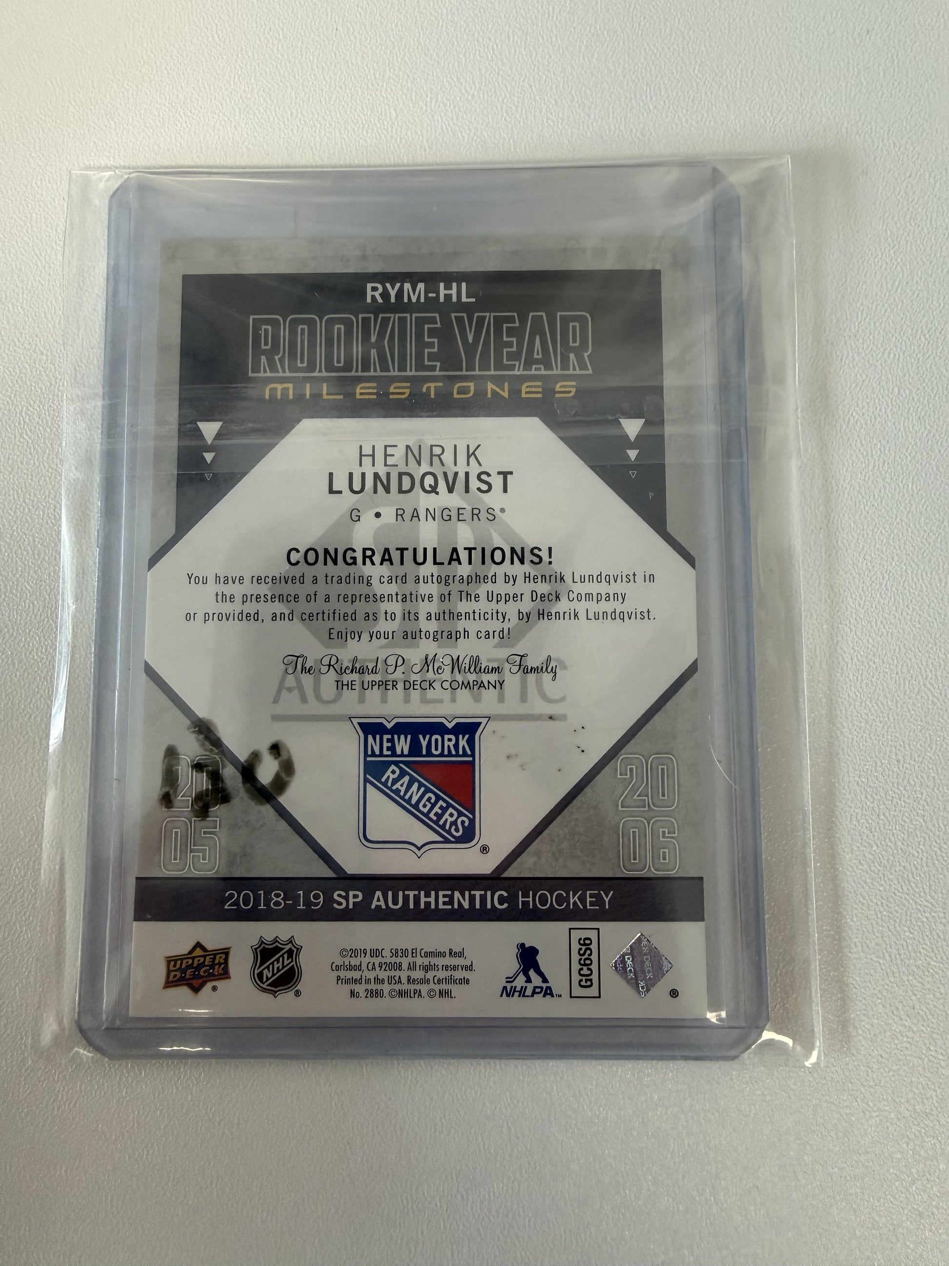 2018-19 SP Authentic #RYM-HL Henrik Lundqvist Rookie Year Auto #/30