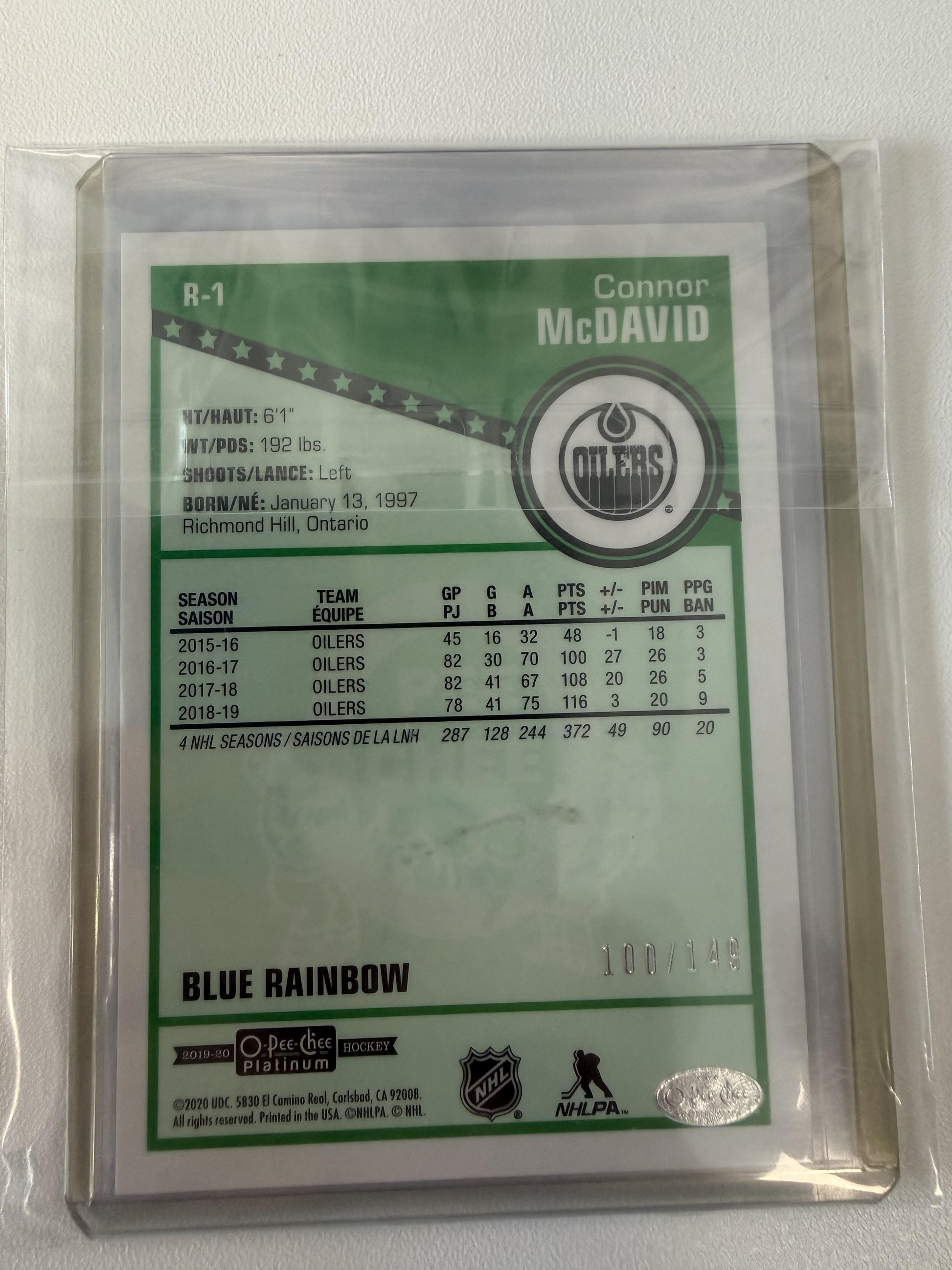 2019-20 O-Pee-Chee Platinum #R-1 Connor McDavid Retro-Blue-Rainbow #/149