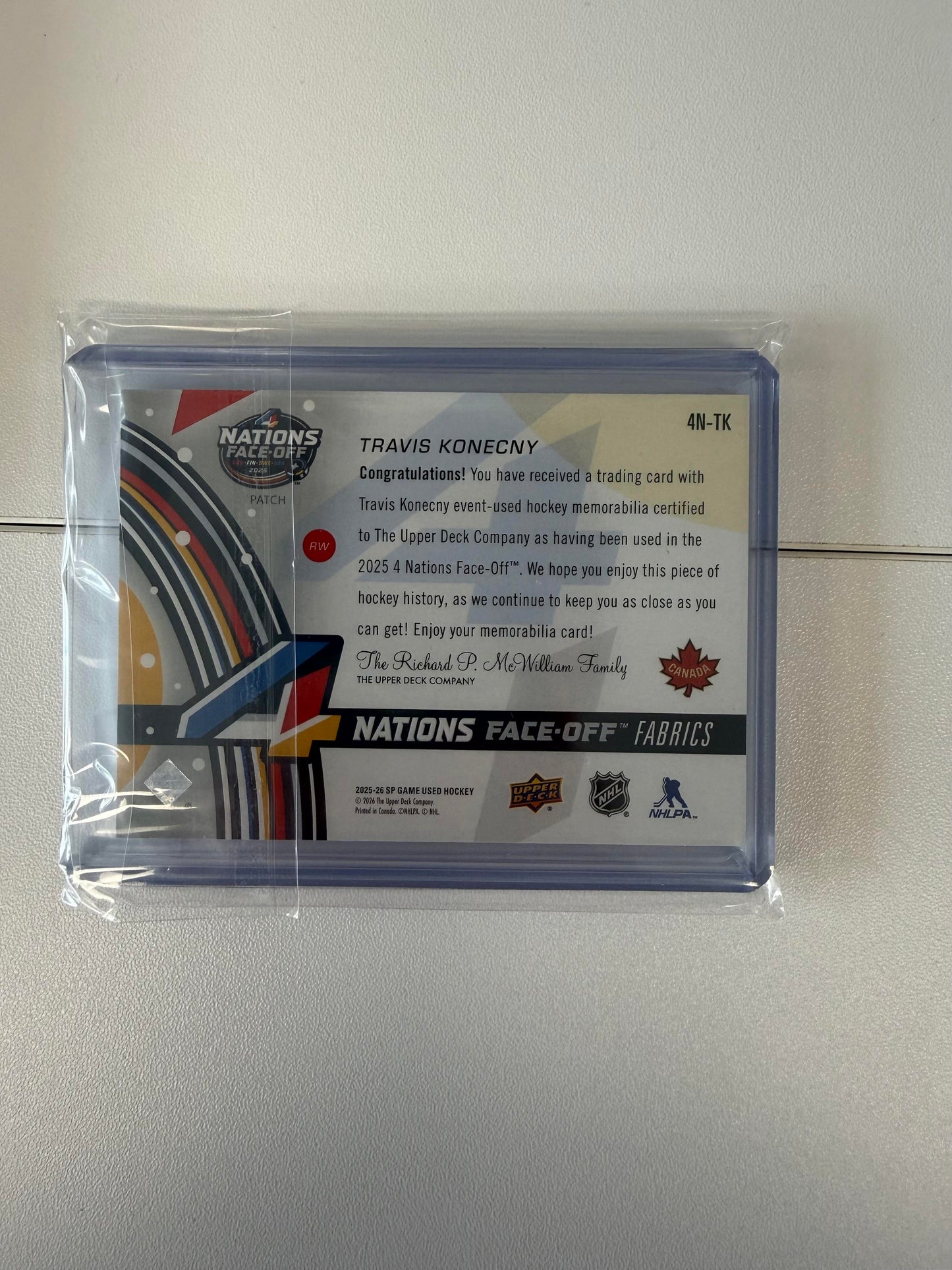 2025-26 SP Game Used #4N-TK Travis Konecny 4 Nations Face-Off Patch #/15