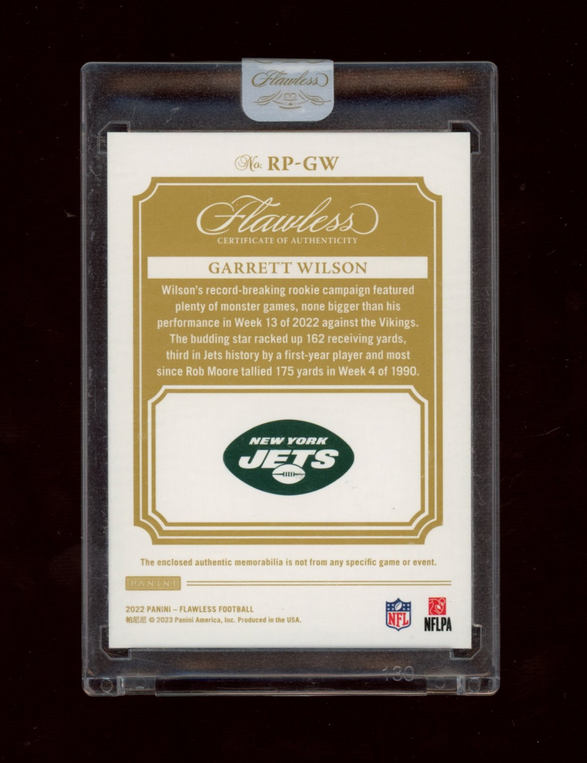 2022 Panini Flawless #RP-GW Garrett Wilson Rookie Patches Sapphire #/10
