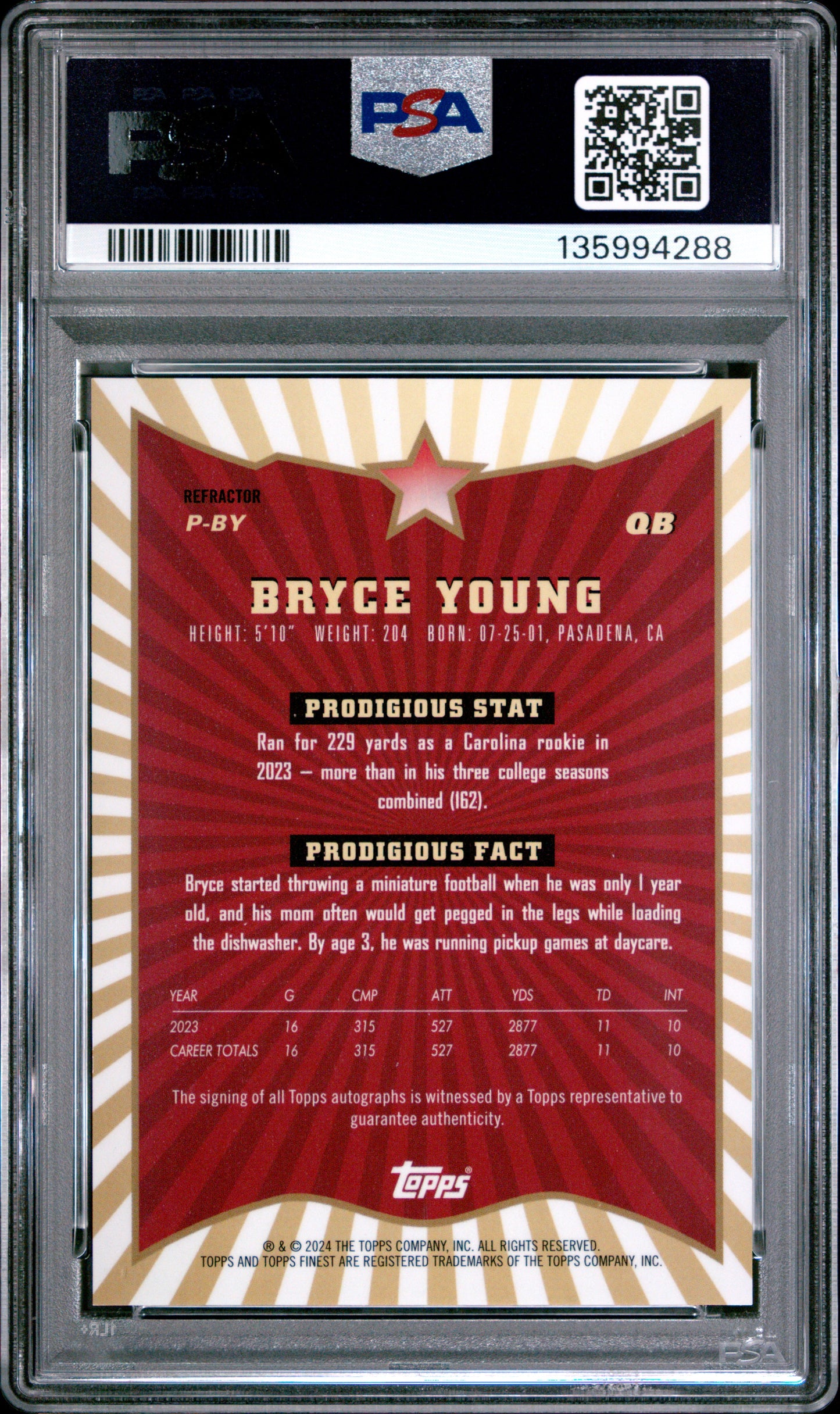2024 Topps Finest Prodigies auto #PBY Bryce Young Auto-Refractor PSA 10