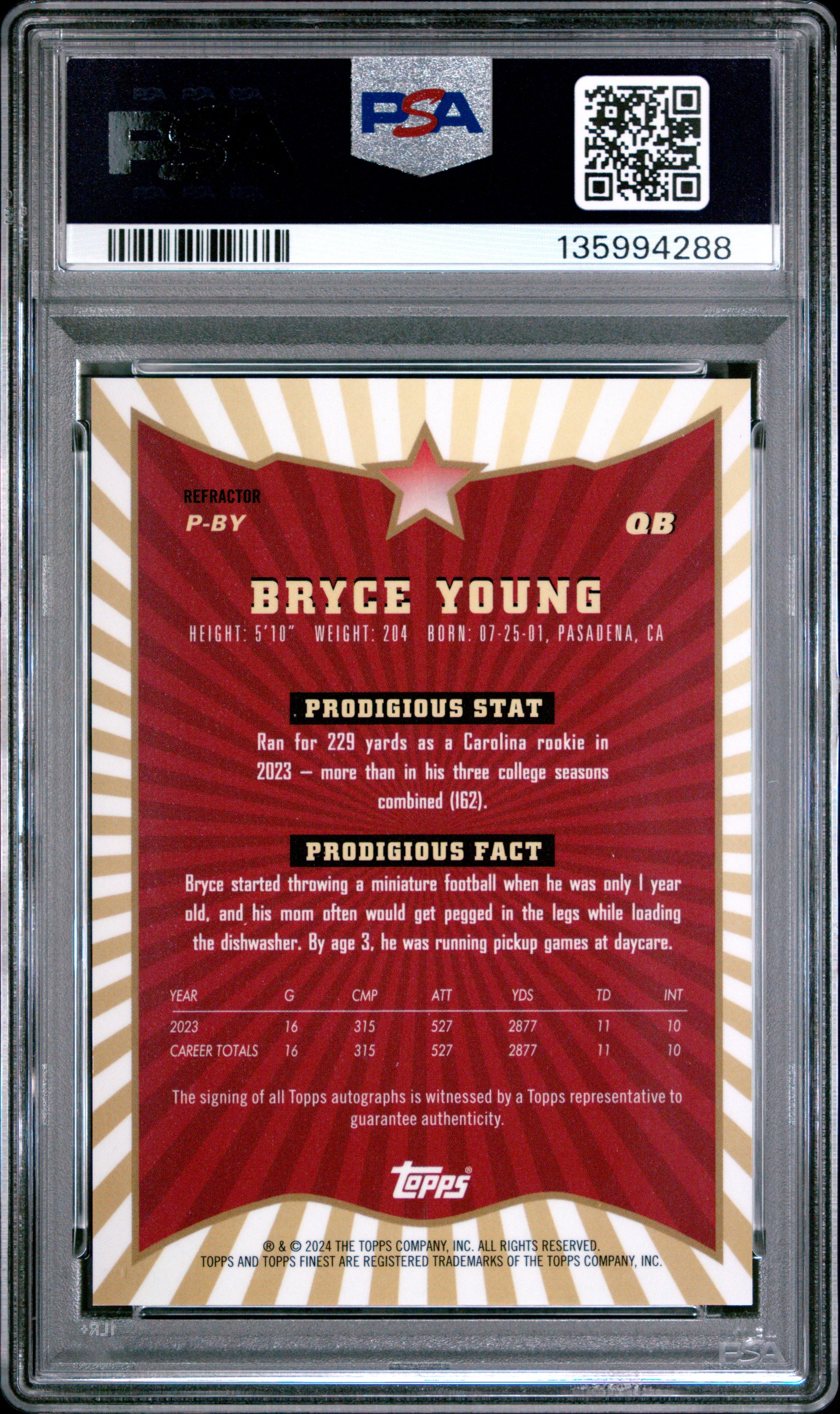 2024 Topps Finest Prodigies auto #PBY Bryce Young Auto-Refractor PSA 10