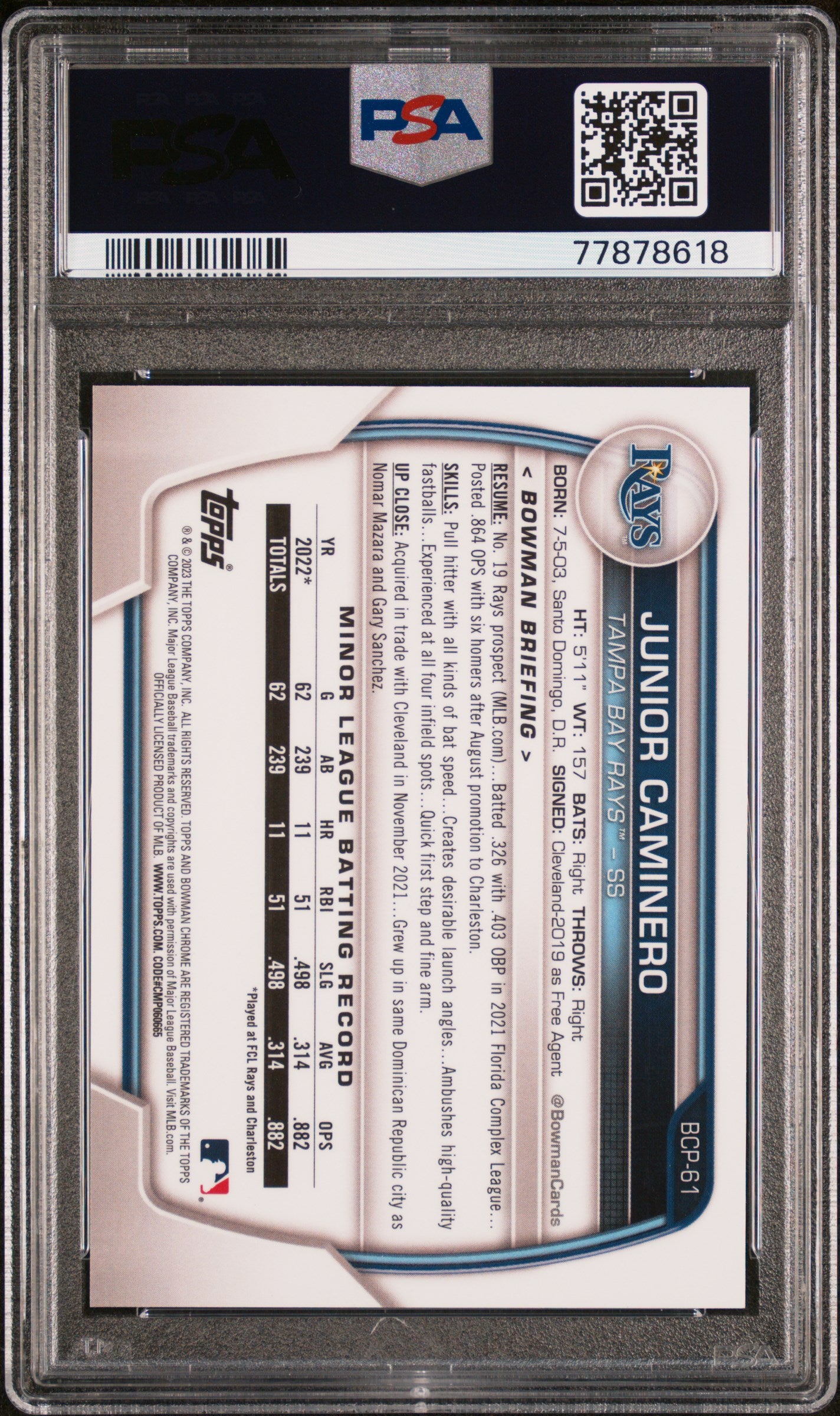 2023 Bowman Chrome Prospects #BCP61 Junior Caminero Chrome Aqua /125 PSA 10