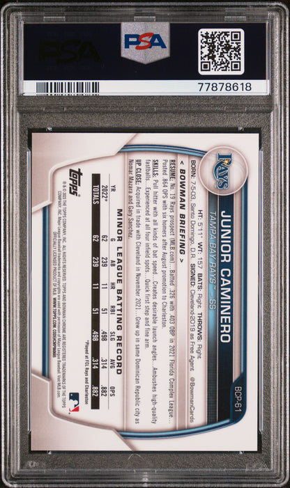 2023 Bowman Chrome Prospects #BCP61 Junior Caminero Chrome Aqua /125 PSA 10