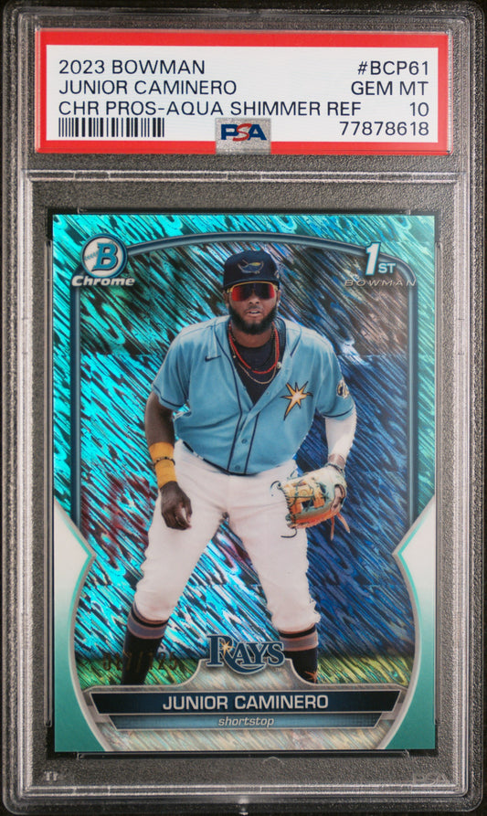 2023 Bowman Chrome Prospects #BCP61 Junior Caminero Chrome Aqua /125 PSA 10