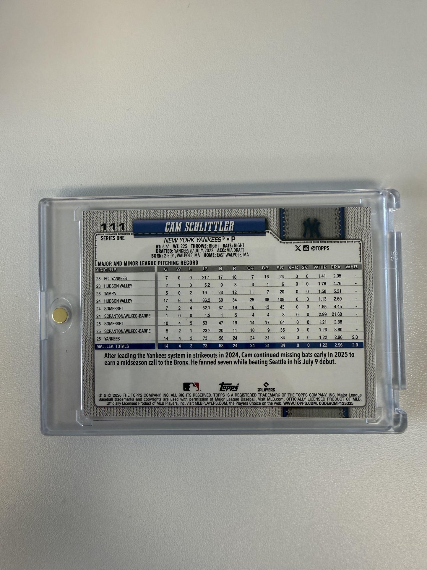 2026 Topps #111 Cam Schlittler Team Color Border
