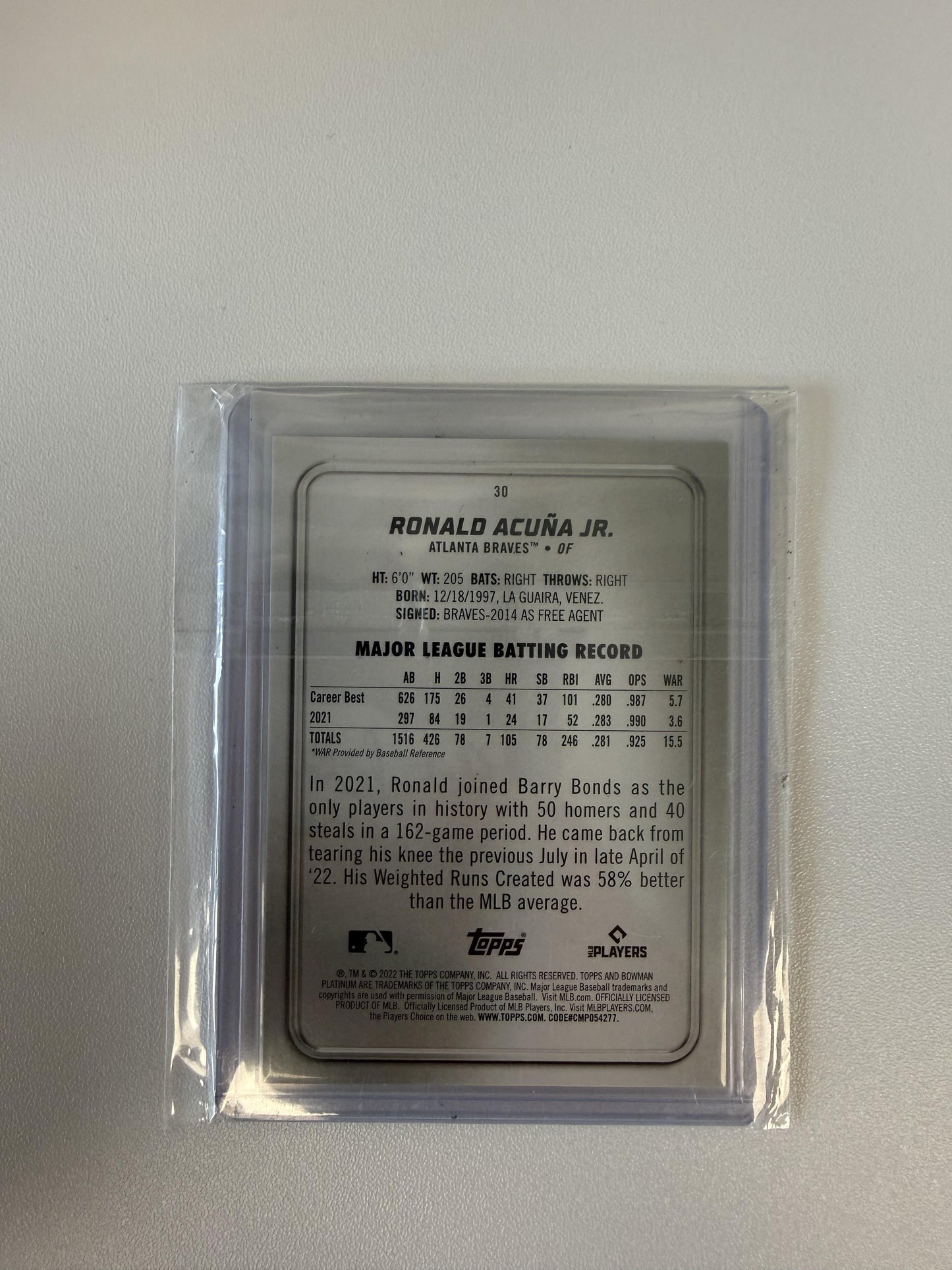 2022 Bowman Platinum #30 Ronald Acuña Jr. Gold #/50