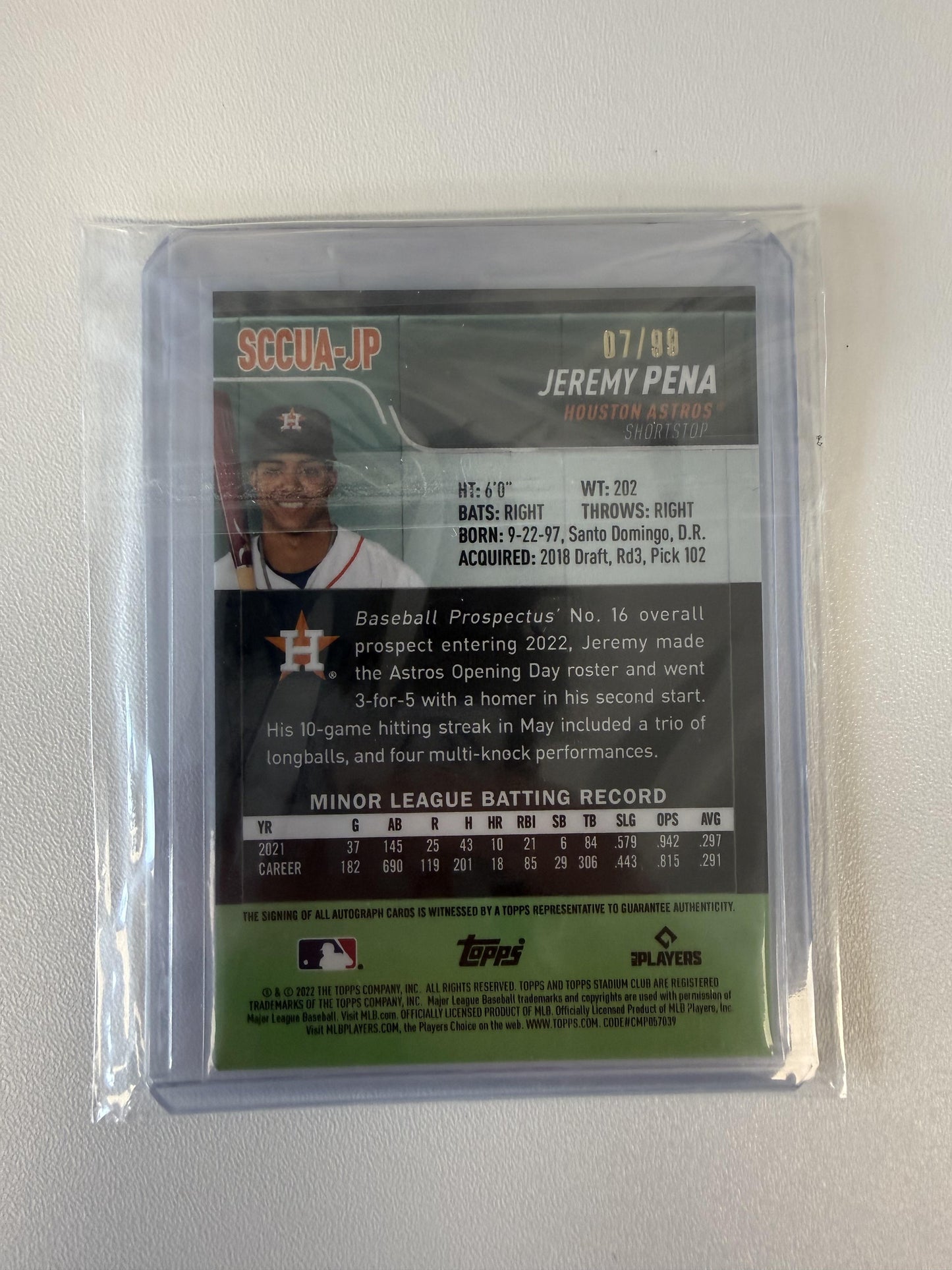 2022 Stadium Club Chrome #SCCUA-JP Jeremy Pena Autographs Green Refractor #/99