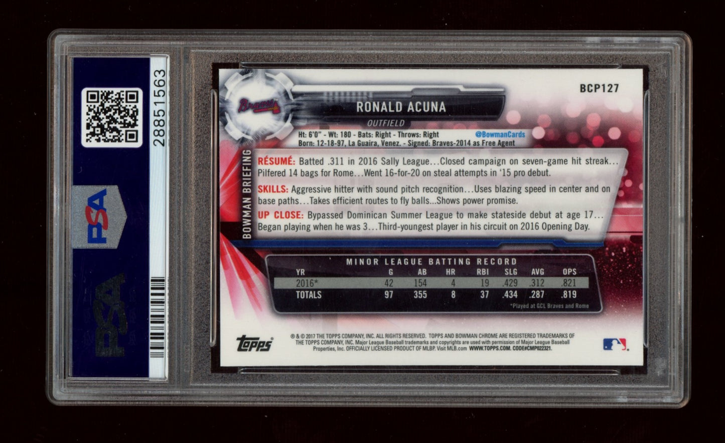 2017 Bowman Prospects #BCP127 Ronald Acuna Prospects-Chrome PSA 10
