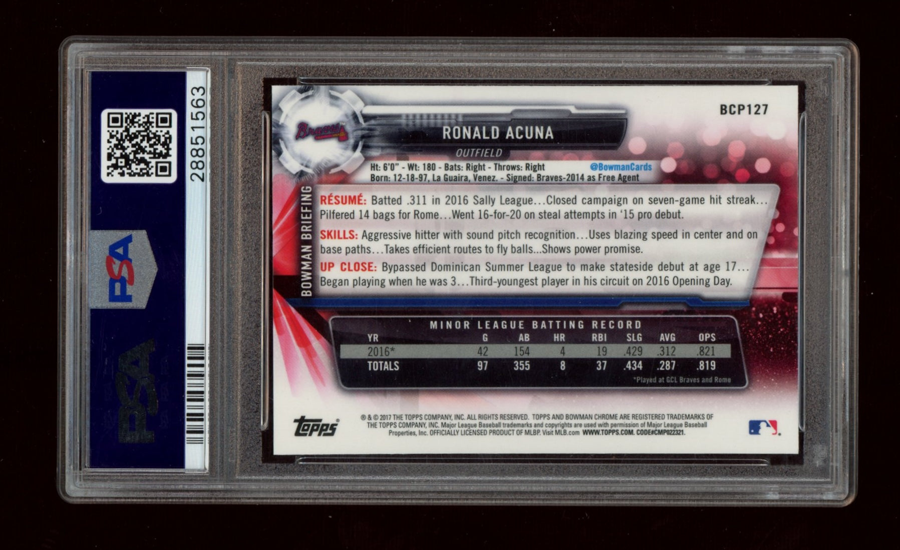 2017 Bowman Prospects #BCP127 Ronald Acuna Prospects-Chrome PSA 10