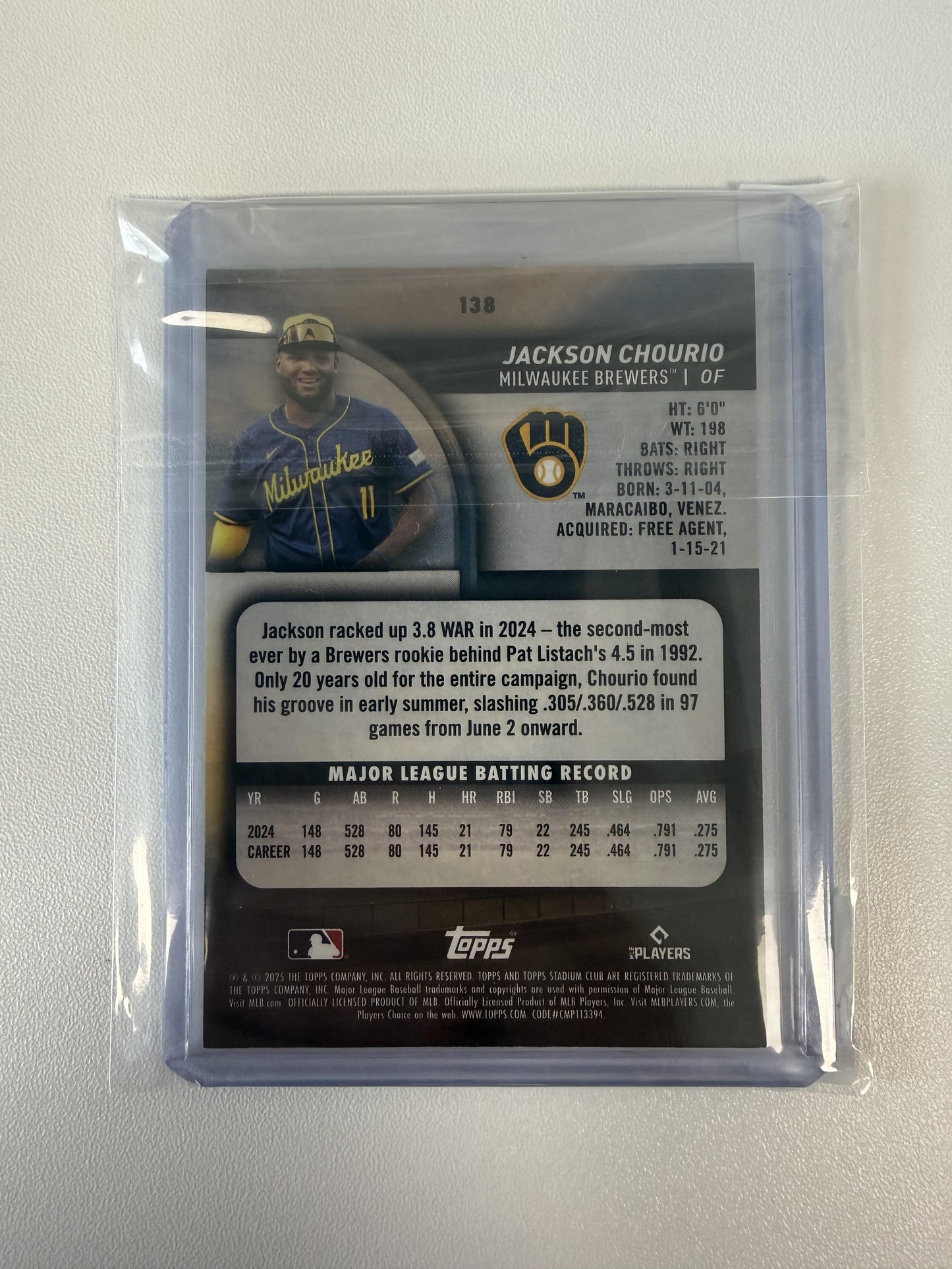 2025 Stadium Club #138 Jackson Chourio Gold Foil #/50