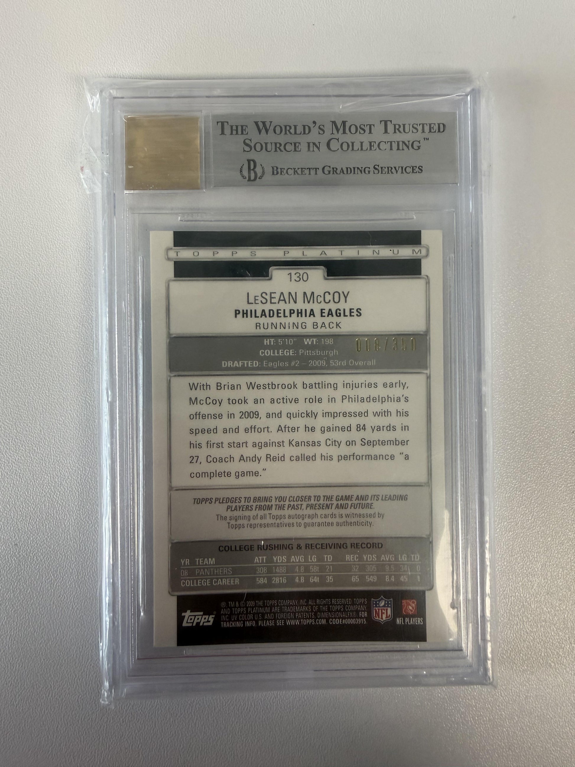 2009 Topps Platinum #130 LeSean McCoy Rookie Autographs BGS 9 #/350