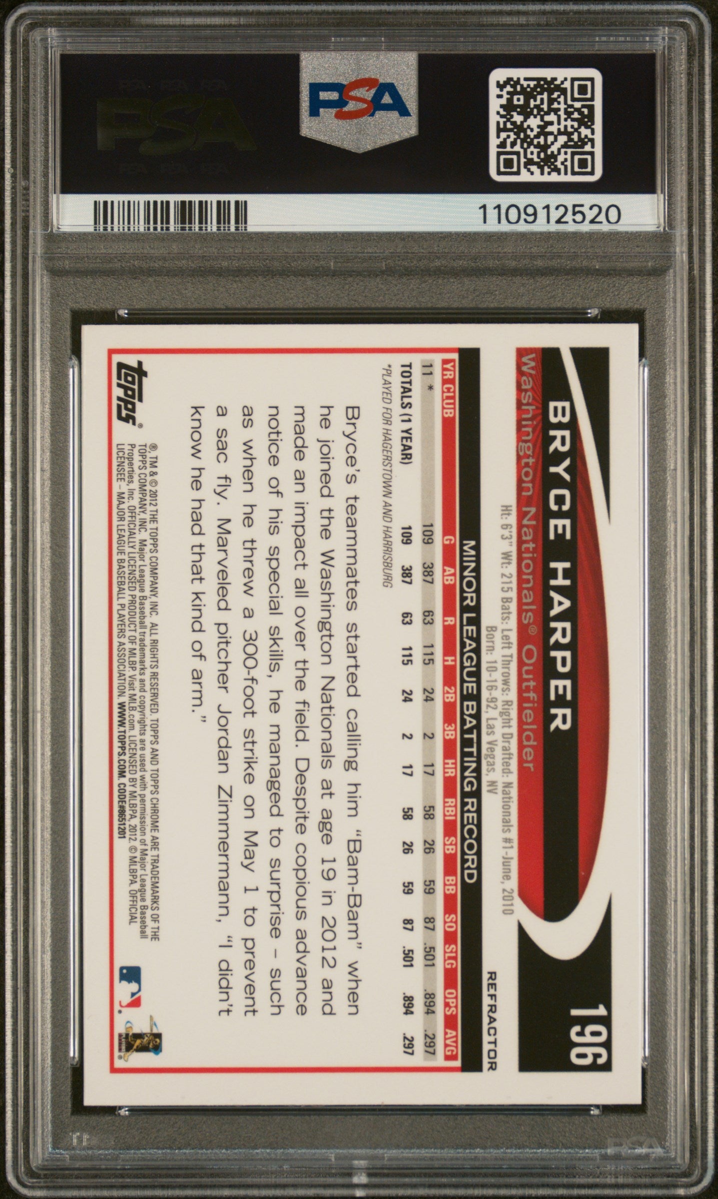 2012 Topps Chrome #196 Bryce Harper Orange Refractor PSA 10