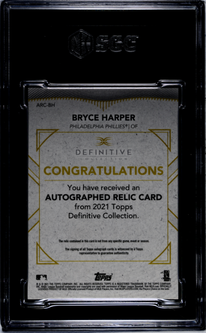 2021 Topps Definitive Collection BRYCE HARPER BUTTON PATCH 1/1 SGC 10/10