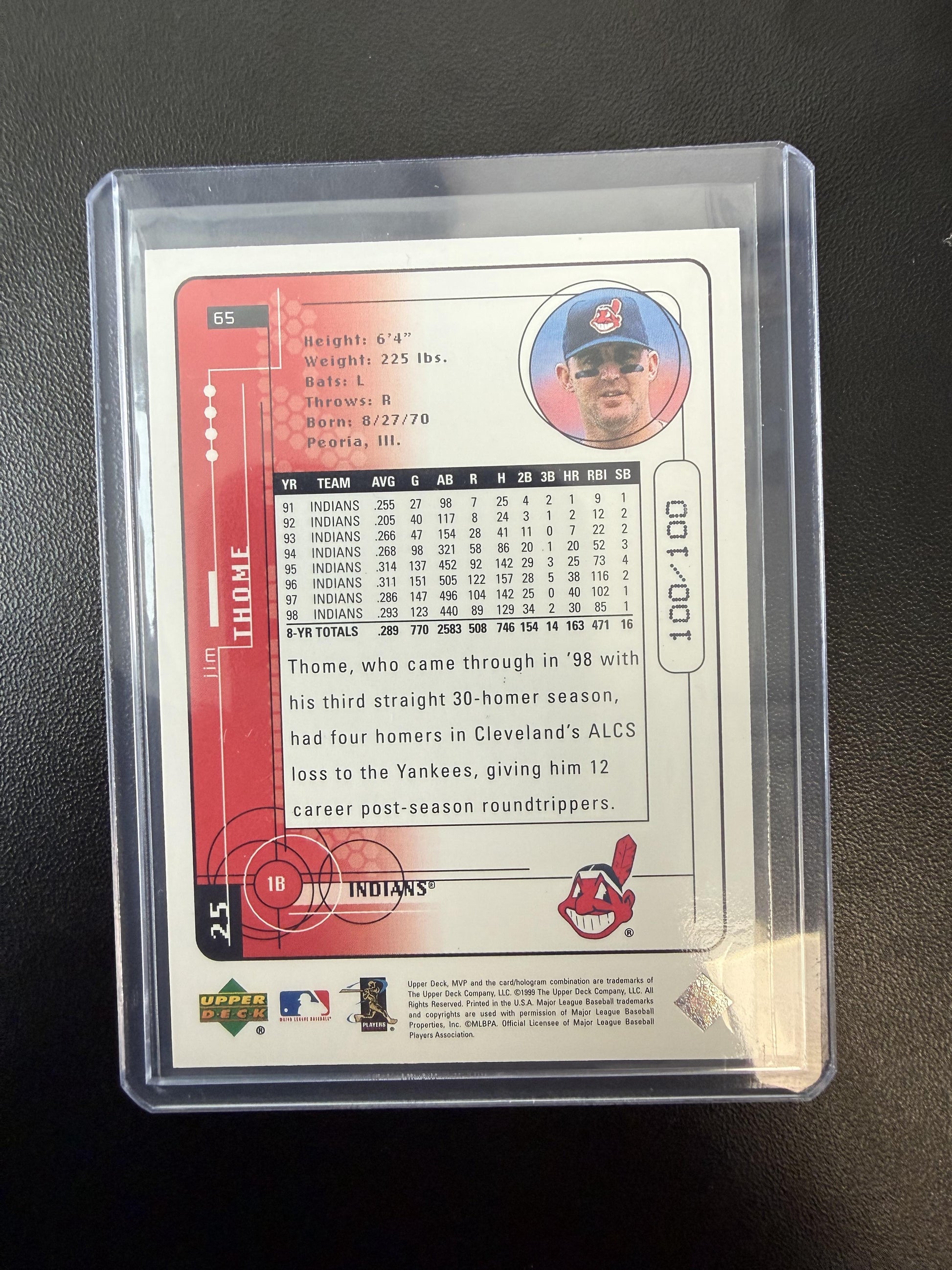 1999 Upper Deck MVP #65 Jim Thome Gold Script #/100