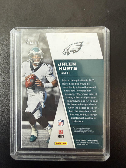 2020 Panini XR #RTM-JU Jalen Hurts Rookie Triple Threats Materials #/75