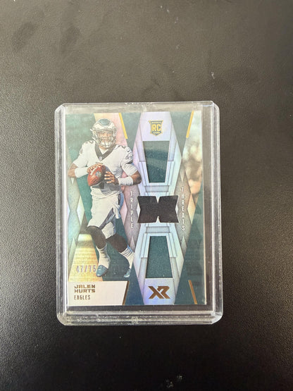 2020 Panini XR #RTM-JU Jalen Hurts Rookie Triple Threats Materials #/75