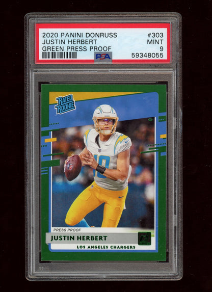 2020 Panini Donruss #303 Justin Herbert Green Press Proof PSA 9