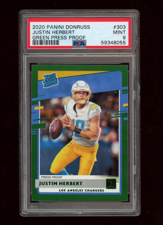 2020 Panini Donruss #303 Justin Herbert Green Press Proof PSA 9