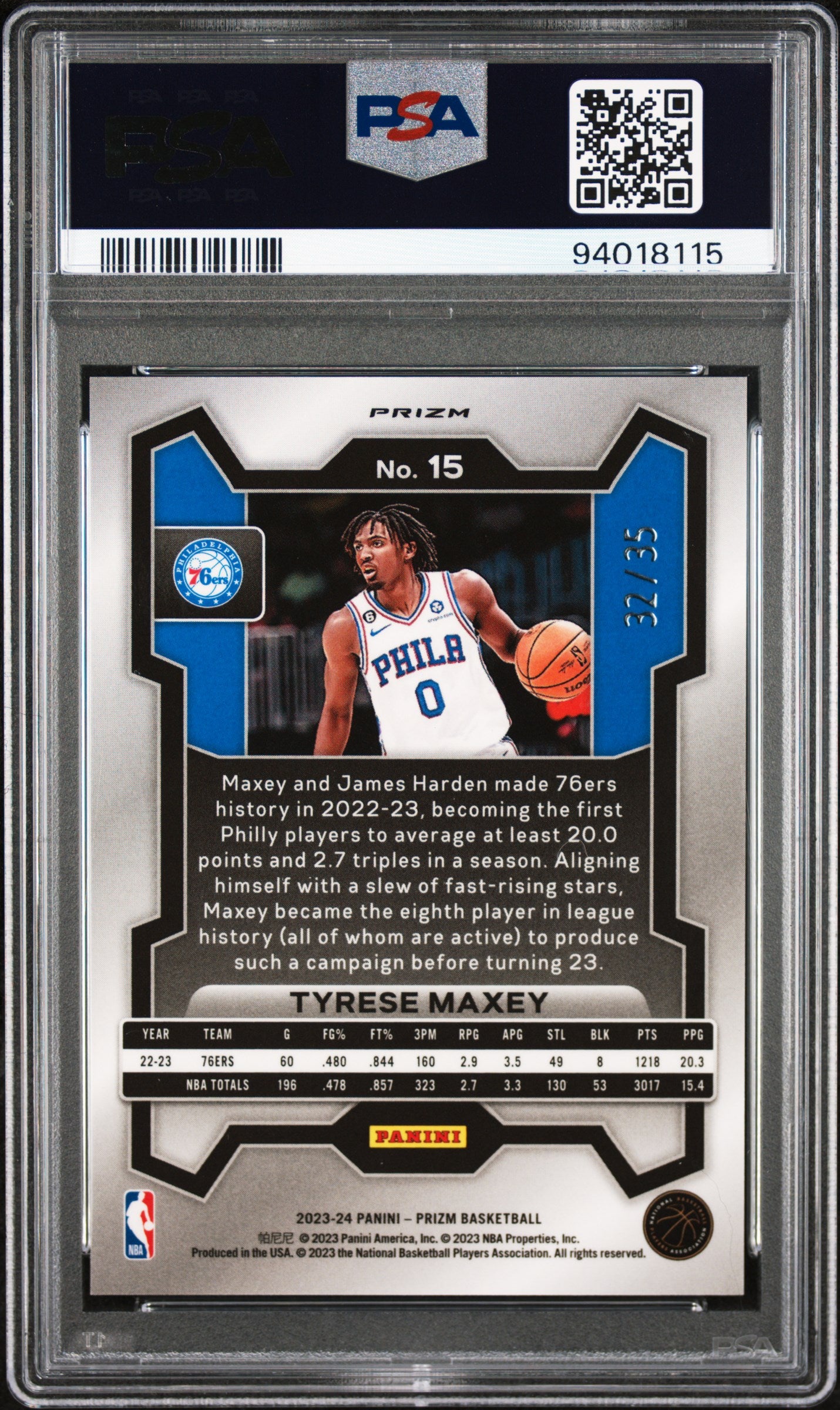 2023 Panini Prizm #15 Tyrese Maxey White Ice PSA 10