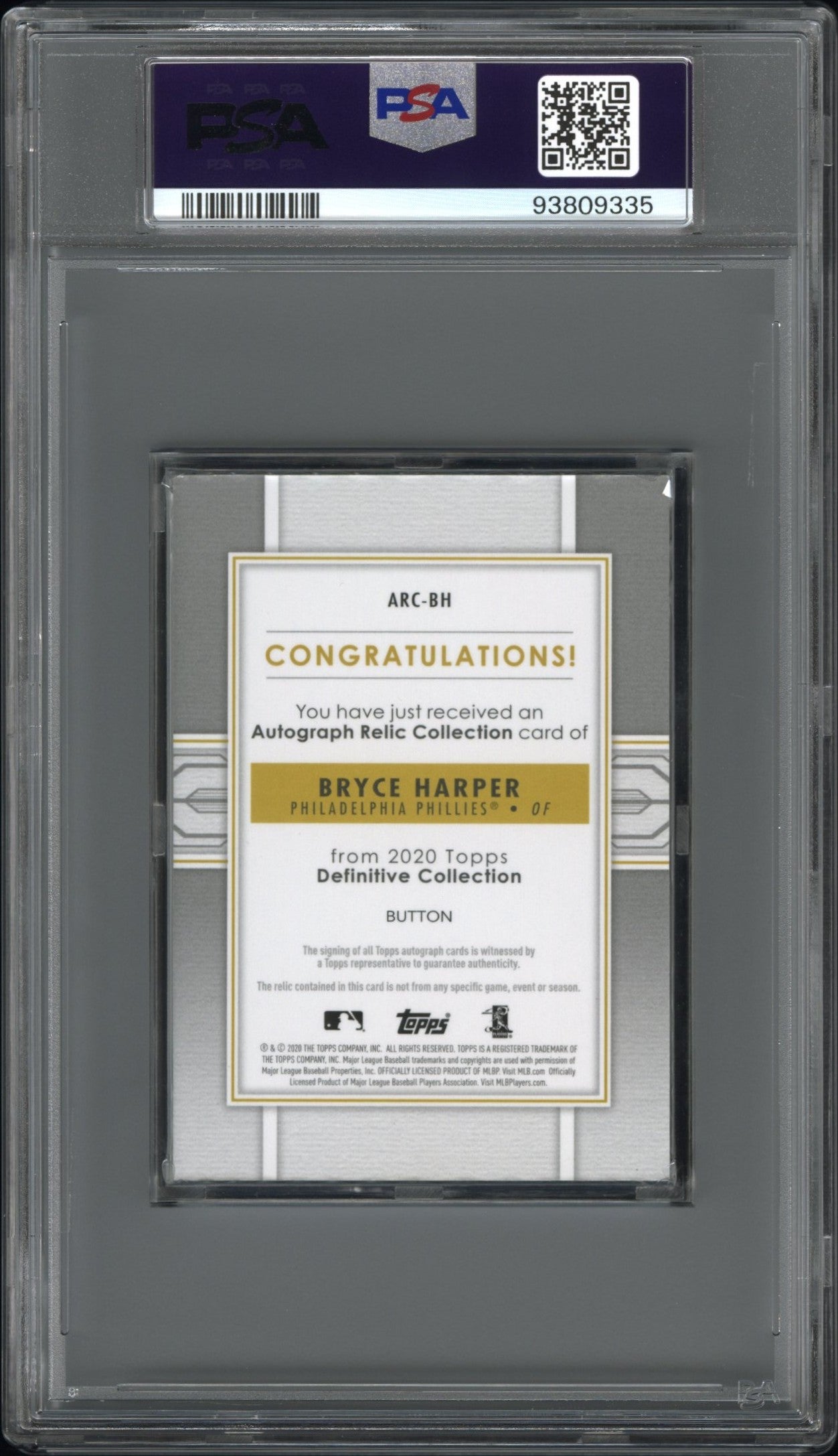 2020 Topps Definitive Collection Button Patch Auto Bryce Harper 1/1  PSA 10 /10