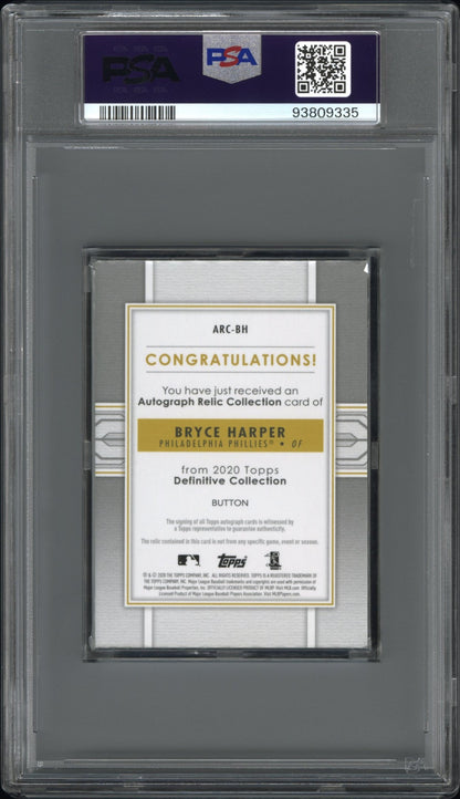 2020 Topps Definitive Collection Button Patch Auto Bryce Harper 1/1  PSA 10 /10