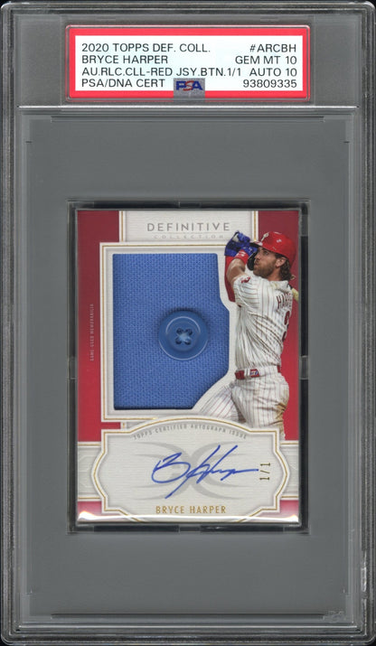 2020 Topps Definitive Collection Button Patch Auto Bryce Harper 1/1  PSA 10 /10
