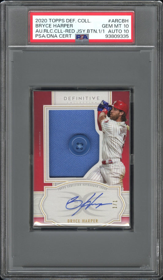 2020 Topps Definitive Collection Button Patch Auto Bryce Harper 1/1  PSA 10 /10