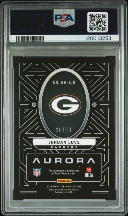 2022 Panini Obsidian Aurora Auto #AAJLO Jordan Love Aurora Auto Green PSA 9