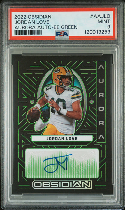 2022 Panini Obsidian Aurora Auto #AAJLO Jordan Love Aurora Auto Green PSA 9