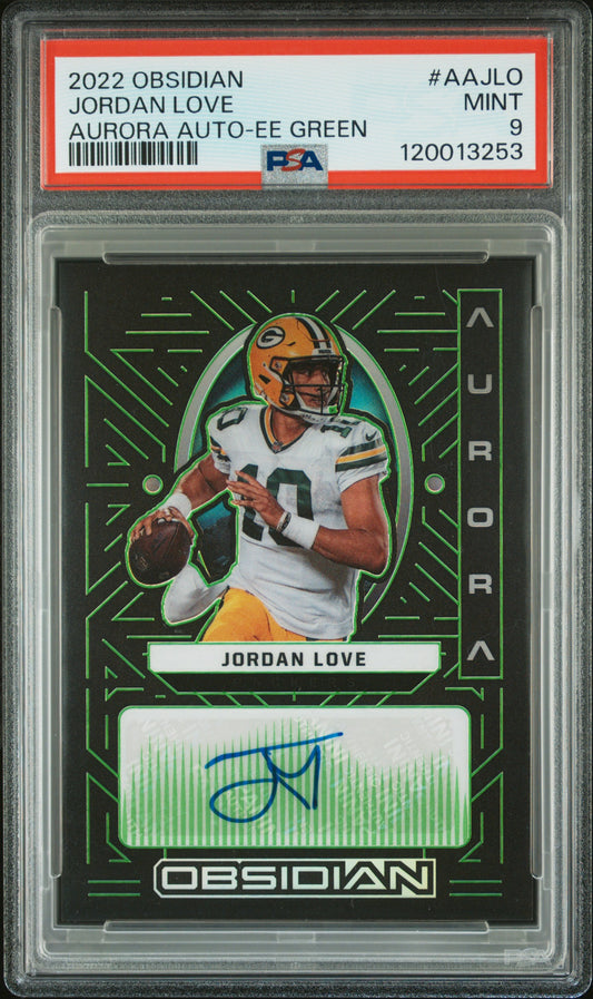 2022 Panini Obsidian Aurora Auto #AAJLO Jordan Love Aurora Auto Green PSA 9