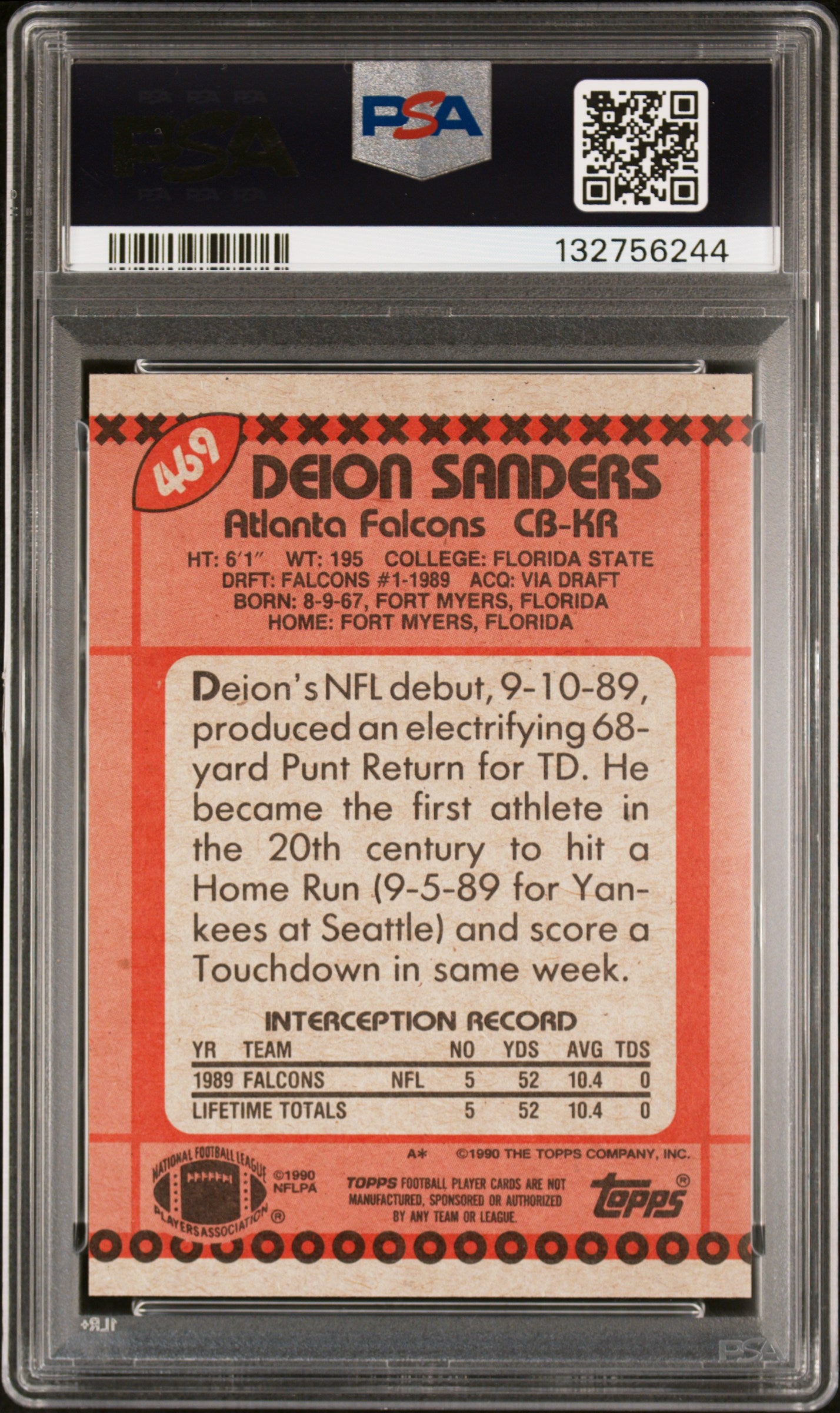 1990 Topps #469 Deion Sanders Disclaimer Back PSA 10