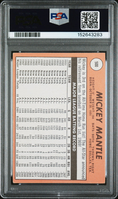 1969 Topps #500 Mickey Mantle Last Name In Yellow PSA 3.5