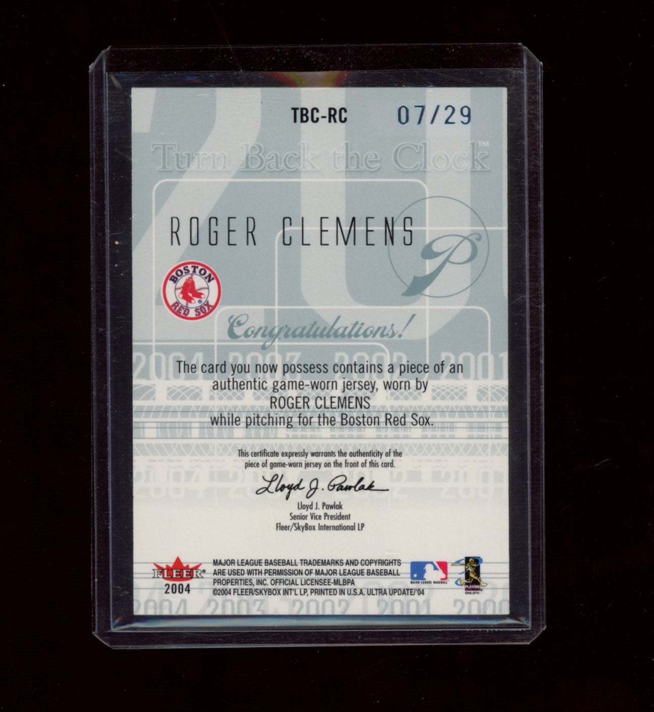 2004 Ultra #TBC-RC Roger Clemens Turn Back the Clock Patches Platinum #/29
