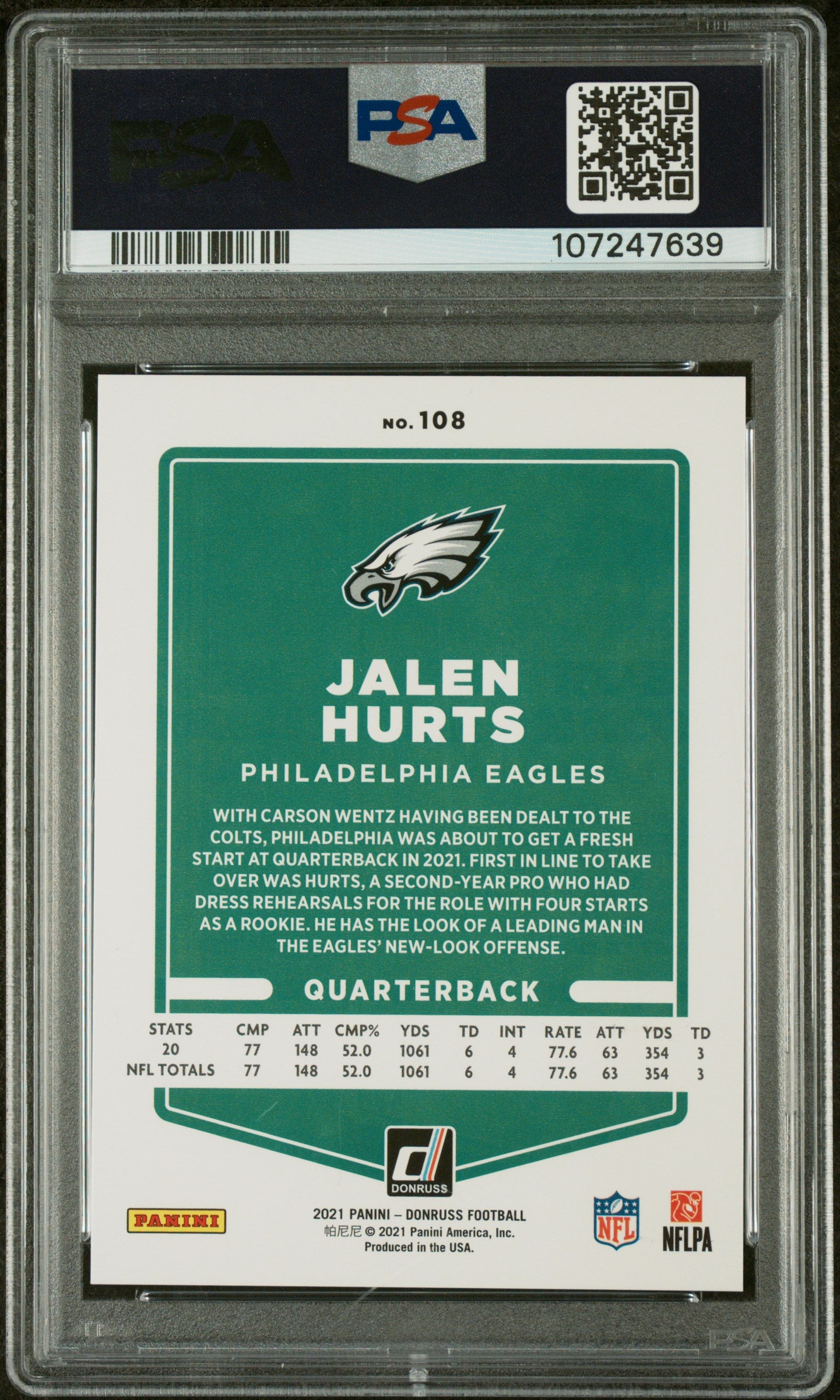2021 Panini Donruss #108 Jalen Hurts Press Proof Gold PSA 10
