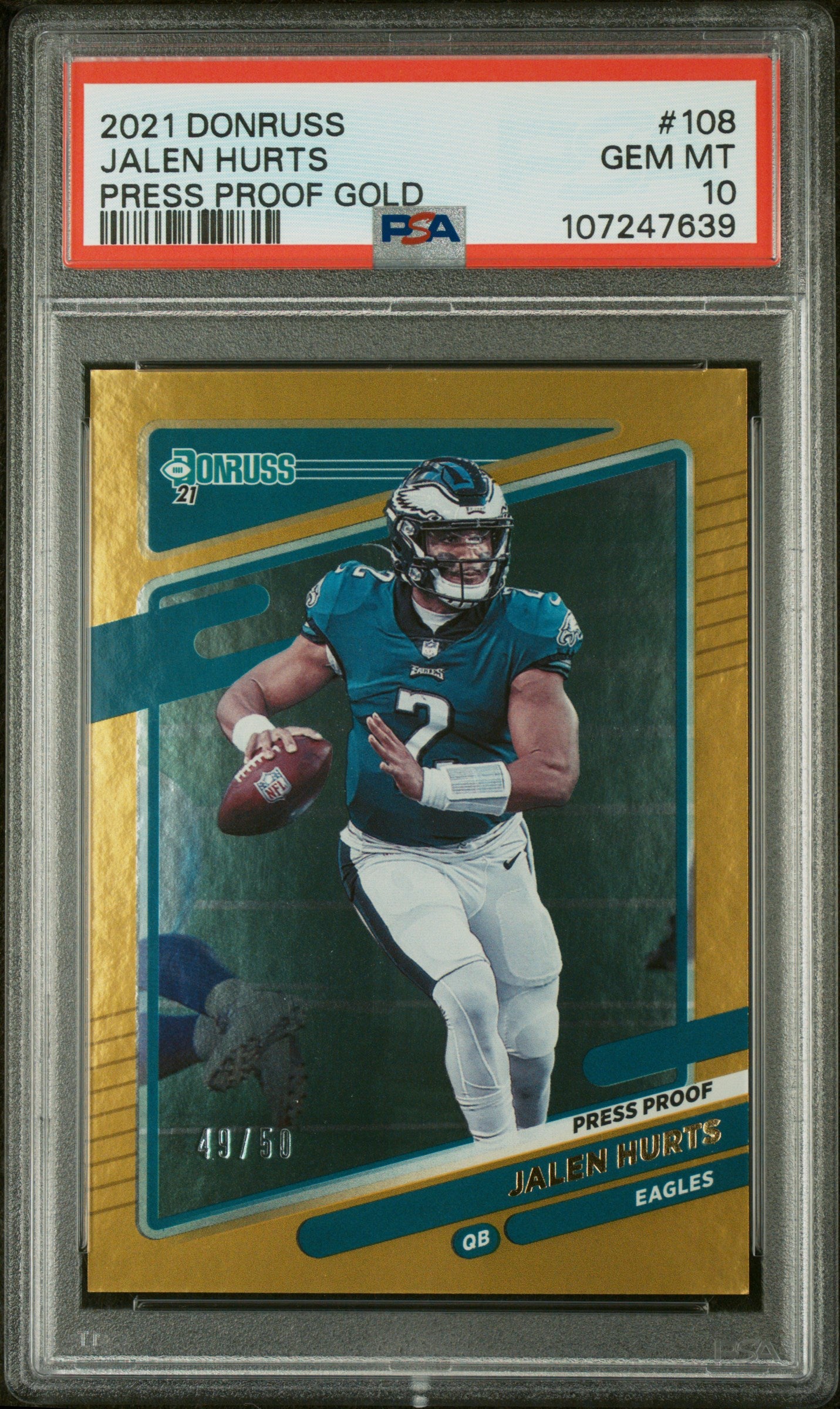 2021 Panini Donruss #108 Jalen Hurts Press Proof Gold PSA 10