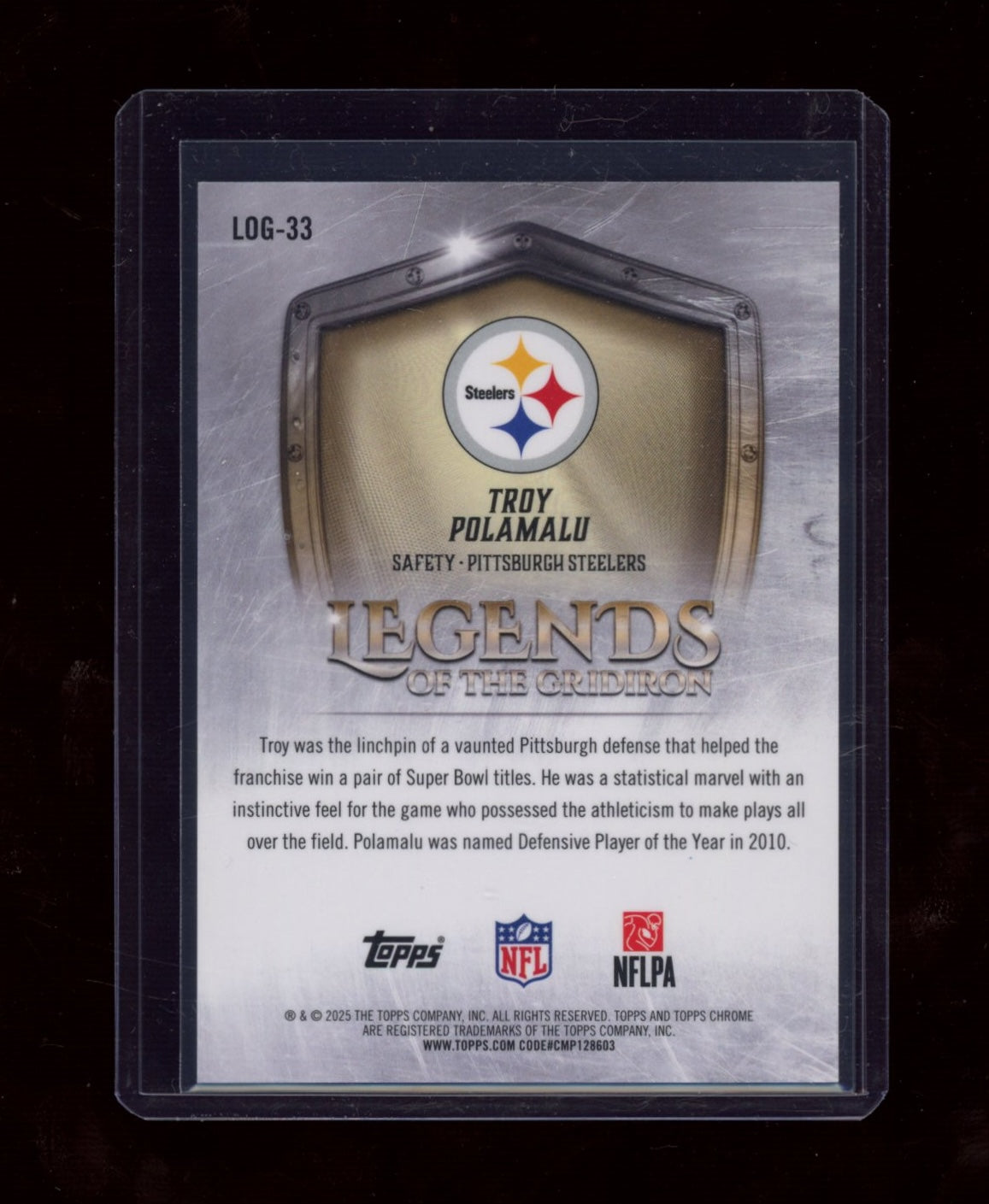 2025 Topps Chrome #LOG-33 Troy Polamalu Gridiron Gold Refractor #/50