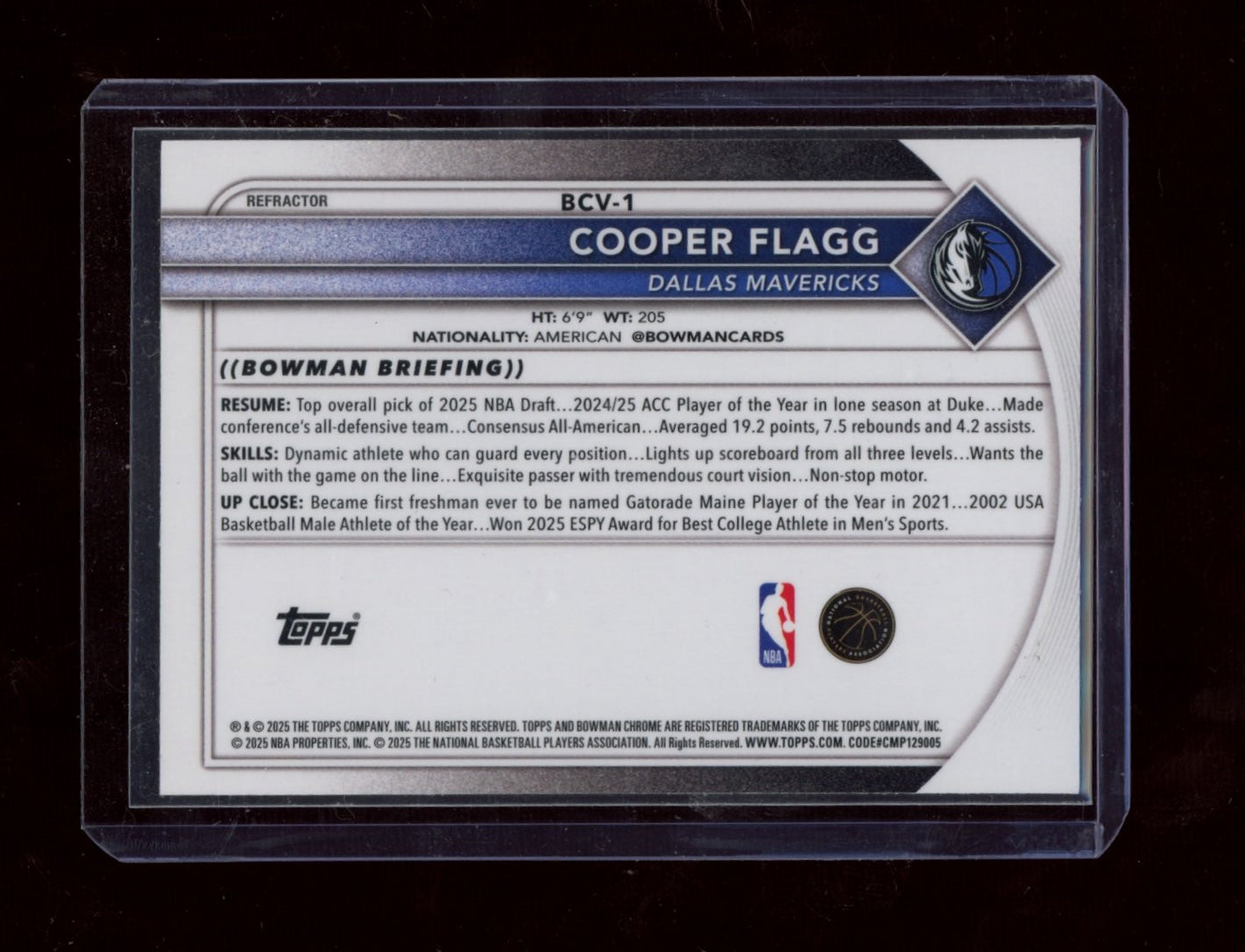 2025-26 Bowman #BCV-1 Cooper Flagg Chrome Refractor #/499