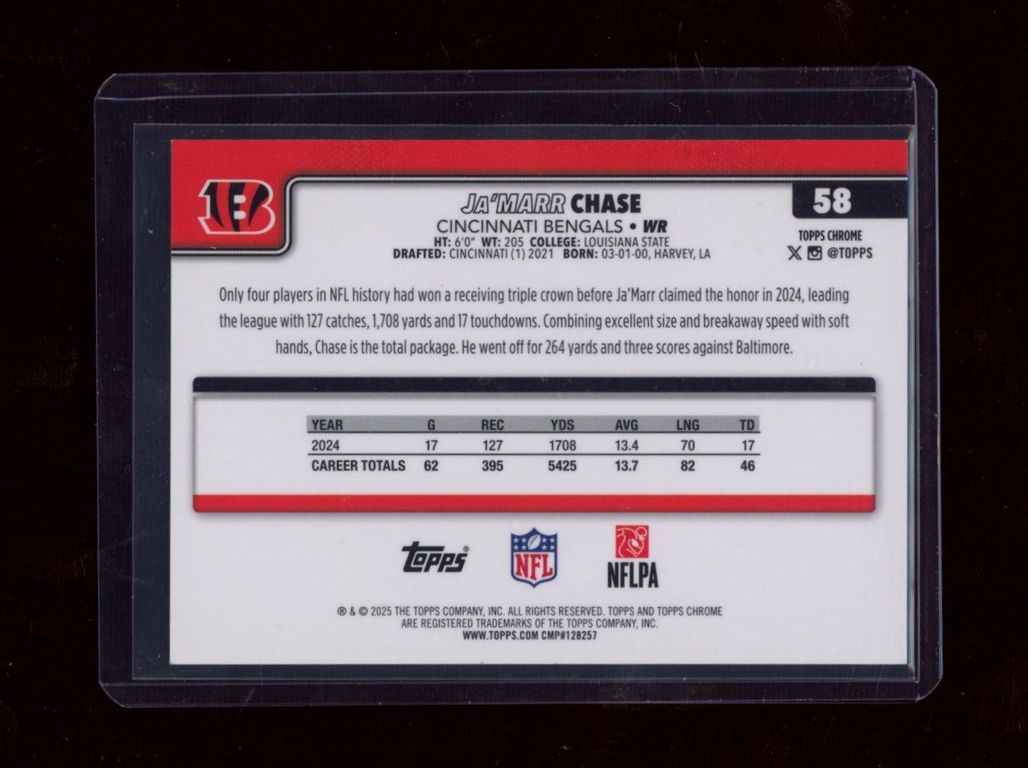 2025 Topps Chrome #58 Ja'Marr Chase Red Wave Refractor #/5 JERSEY #