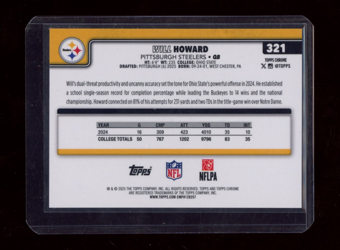 2025 Topps Chrome #321 Will Howard FrozenFractor #/5