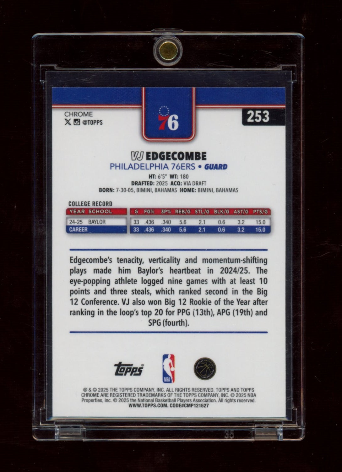 2025-26 Topps Chrome #253 VJ Edgecombe Purple Basketball Refractor #/75
