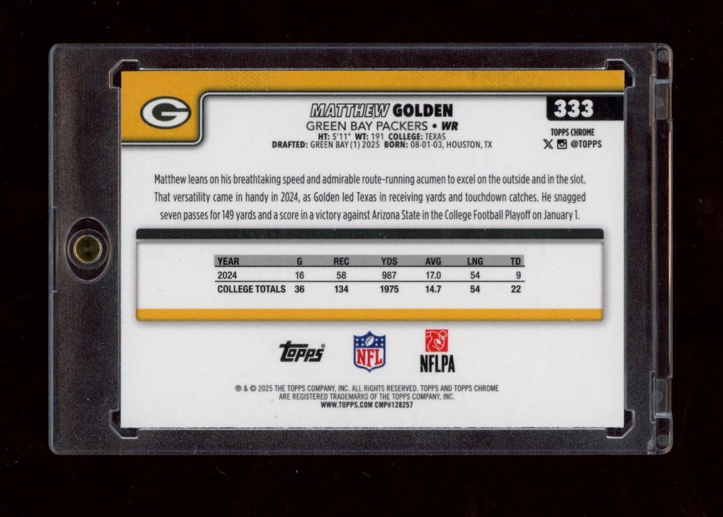 2025 Topps Chrome #333 Matthew Golden Green Refractor #/99