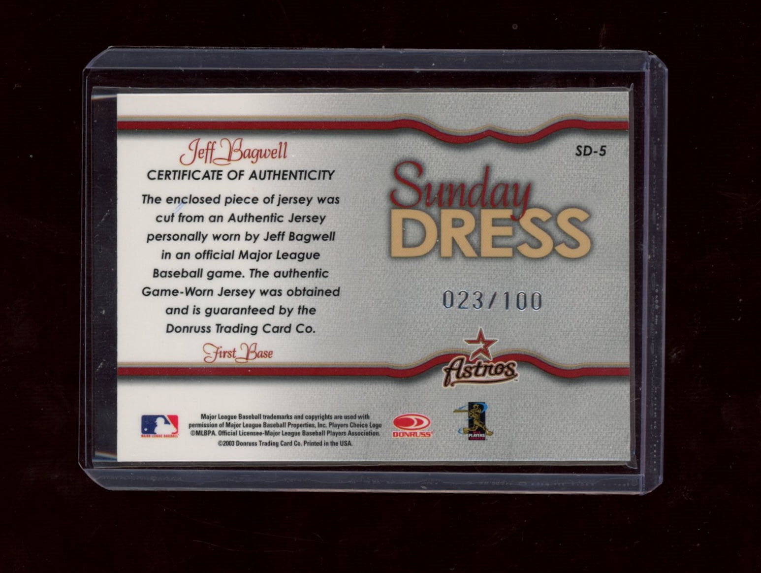 2004 Leaf #SD-5 Jeff Bagwell Sunday Dress Jerseys